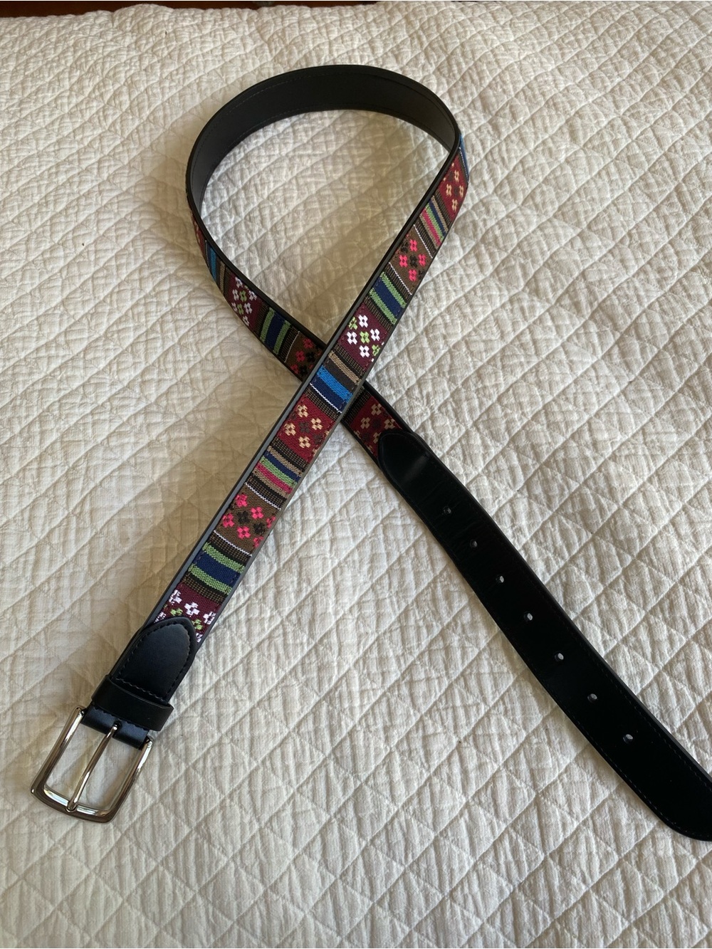 Hippie Boho Colorful Patterned Black Leather Belt Silver Buckle Southwestern XL